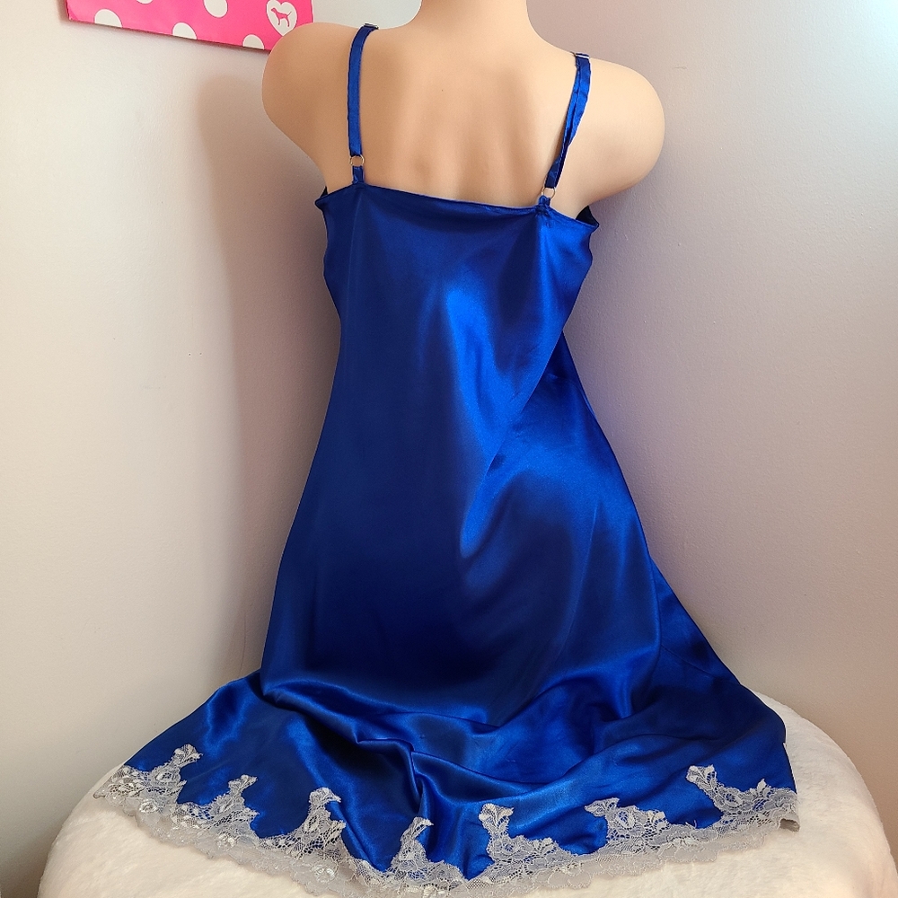 VTG Jones New York Silky Satin Lace Midi Slip Dress Size M Cobalt Blue - Picture 4 of 8